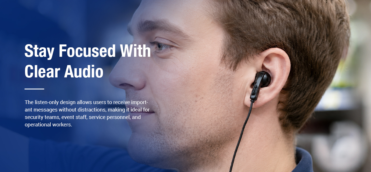 Shopping mall staff wearing listen only earpieces while moving goods and managing inventory