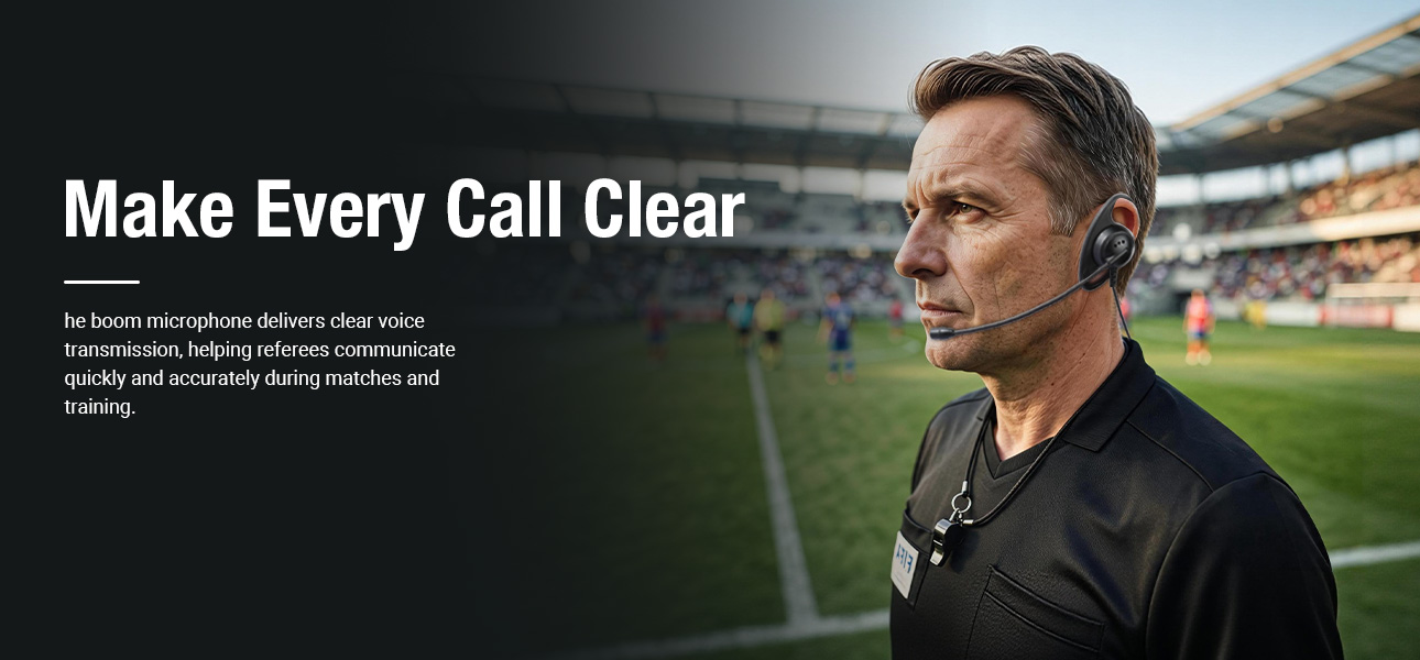 Soccer referee team using boom microphone referee headsets for outdoor match communication