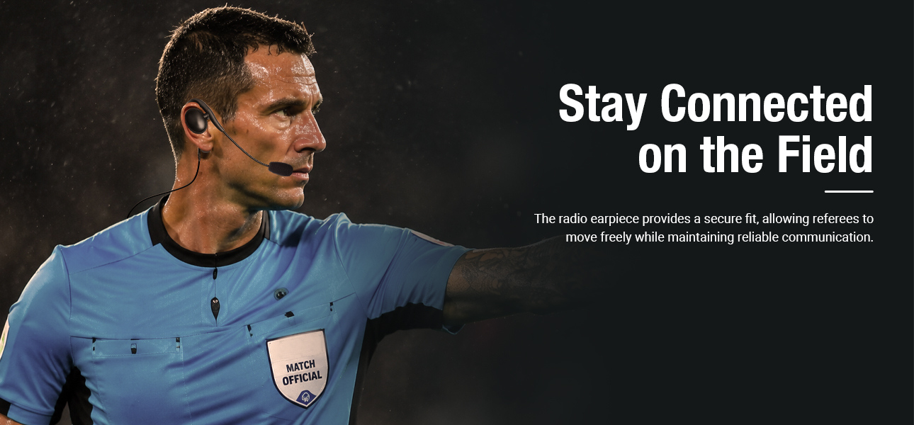 Sports referee team using radio earpiece headsets with secure fit during matches