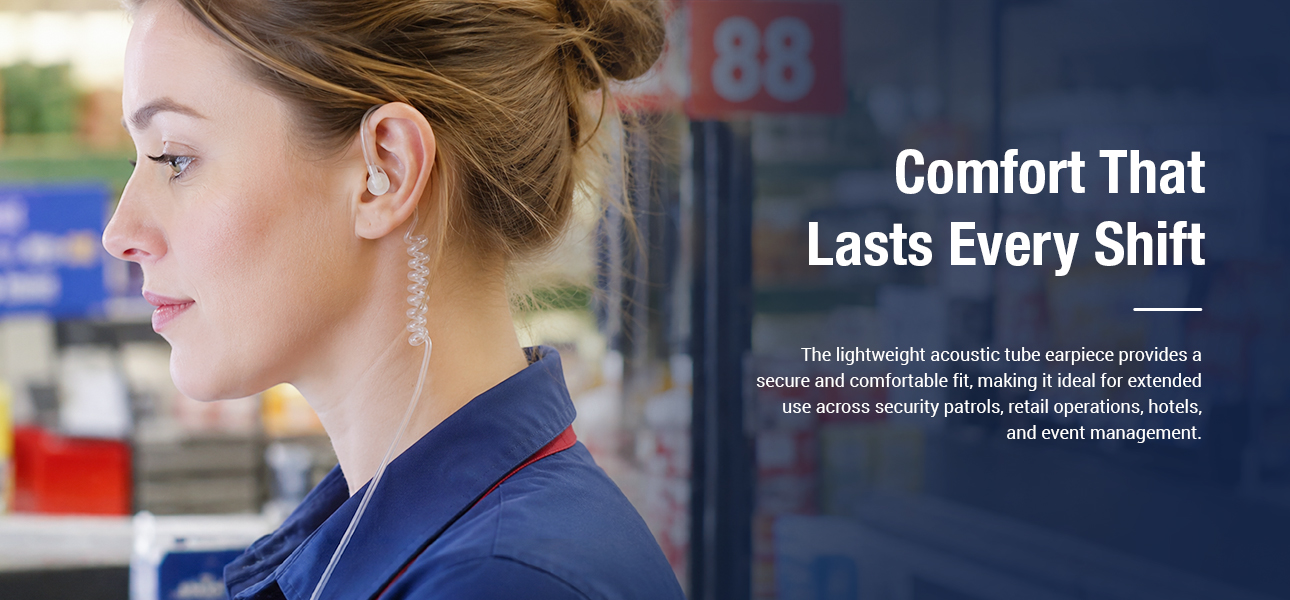 Supermarket staff wearing acoustic tube earpieces during long stocking and checkout shifts