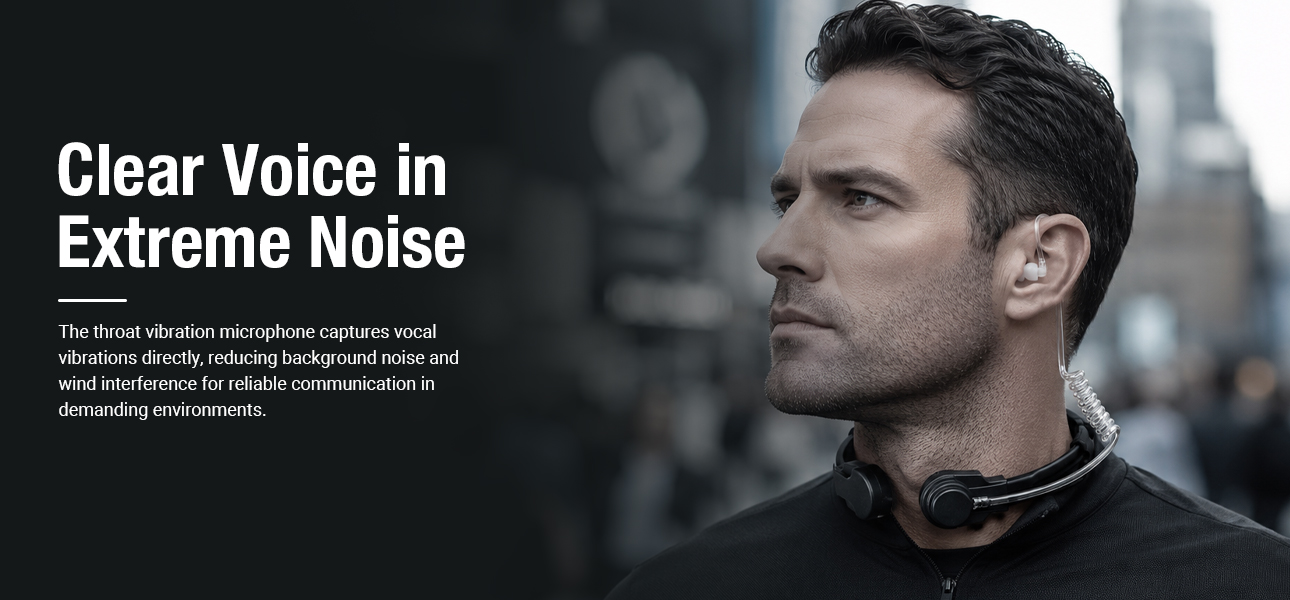 Tactical neck microphone capturing voice vibrations for clear audio in extreme noise environments