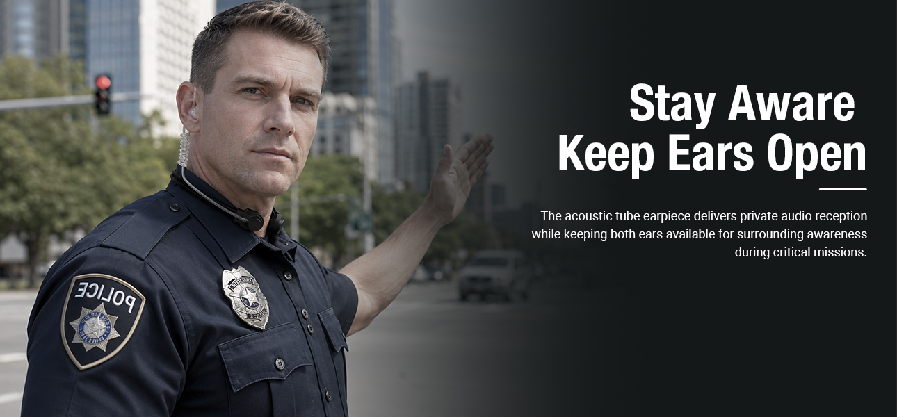 Tactical neck microphone with acoustic tube earpiece for private audio and situational awareness