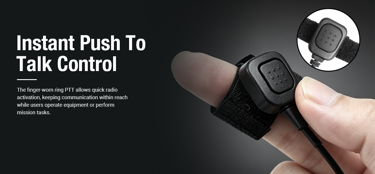 Tactical neck microphone with finger-worn ring PTT for quick radio control during missions