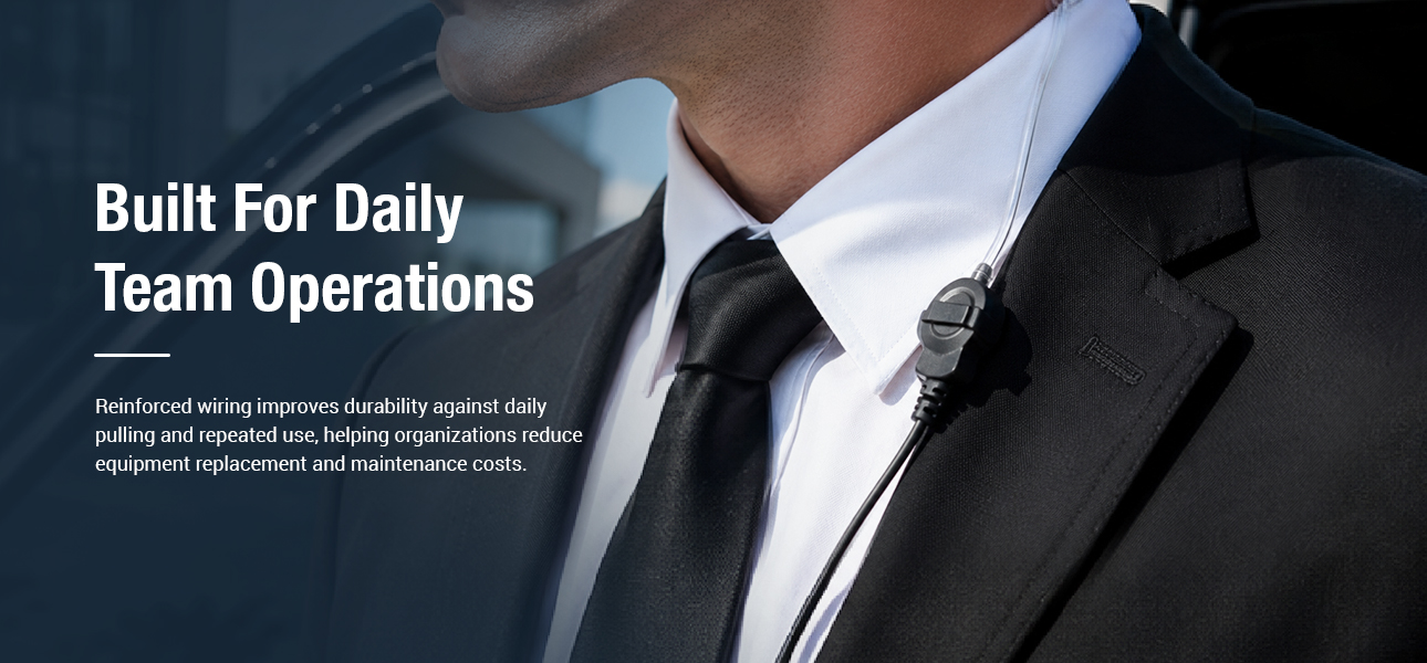 VIP protection teams wearing clear tube earphones with plastic clips during demanding assignments