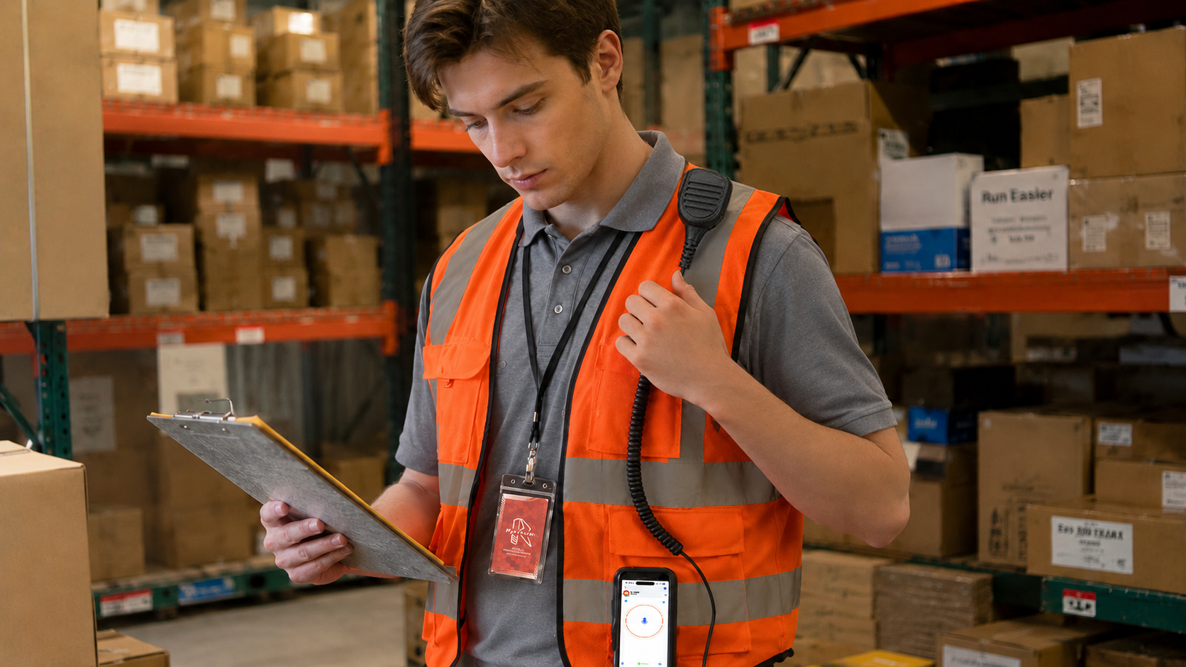 Warehouse inventory team using PoC radio speaker mic during stock checks