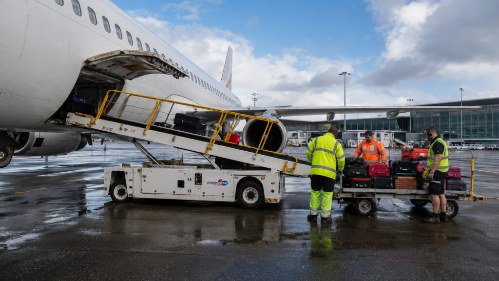 baggage ramp workers handling baggage on the airport apron