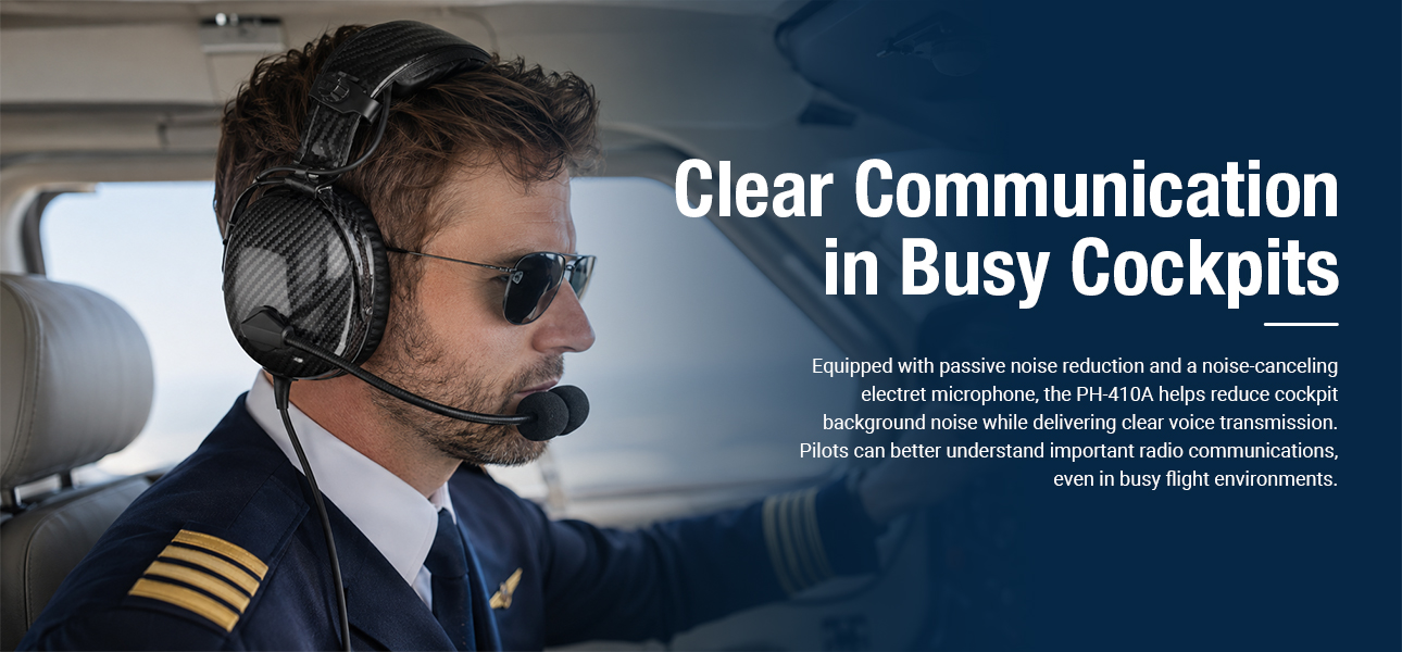 commercial pilot using a PNR aviation headset with noise-canceling mic for clear cockpit voice