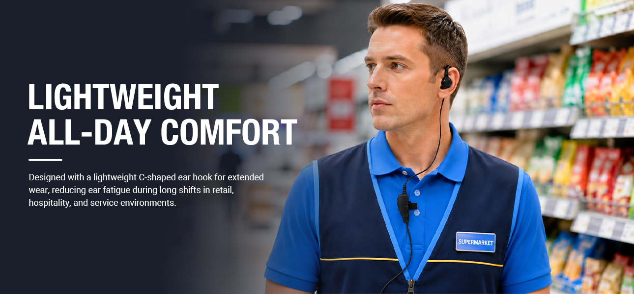 radio earpiece designed for mall staff with lightweight C-hook comfort during long retail shifts