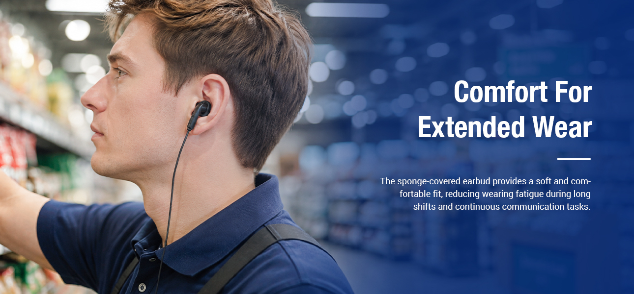 Convenience store staff wearing talkie walkie earpieces with cover earbuds during long shifts