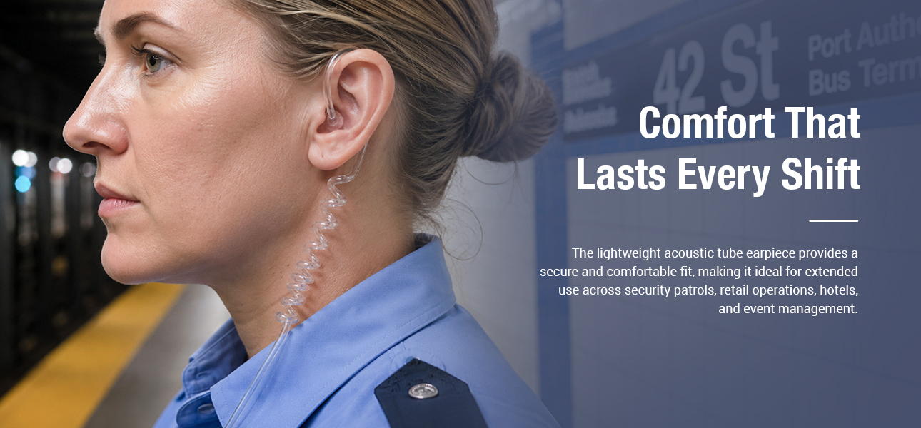 Transit security teams wearing receive-only earpieces during extended subway patrol shifts