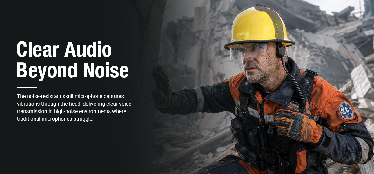 Earthquake rescue team using a skull microphone RBC-0153 for clear communication in noisy environments