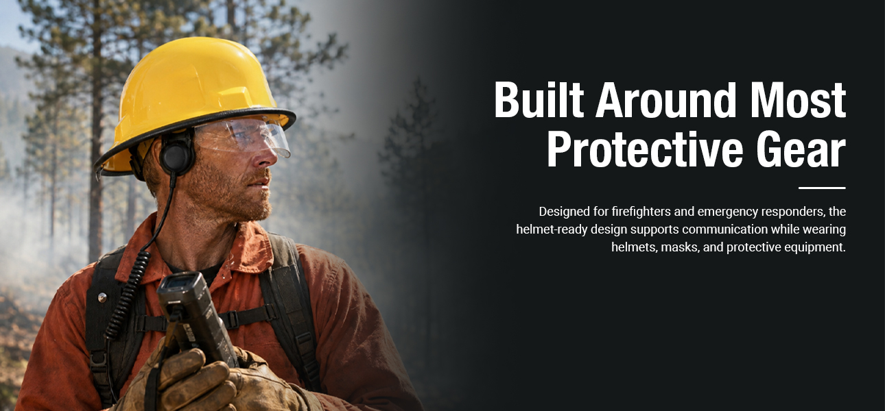 Firefighters battling wildfires in US and Canadian forests wearing helmets and protective gear with a skull microphone for clear communication