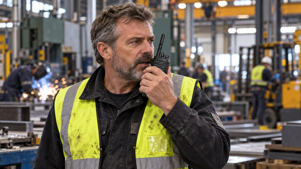 Industrial-workshop-supervisor-using-a-Motorola-R2-two-way-radio-to-communicate-with-team-members
