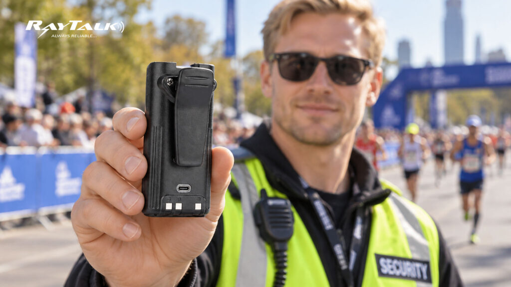 Large event security team using USB-C rechargeable batteries to keep two-way radios powered throughout the event.
