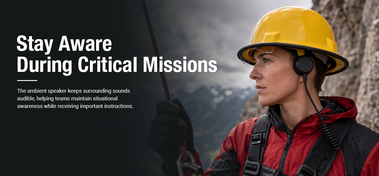 Rescue team using a skull microphone from RayTalk for rescue during technical mountain operations, staying aware of surroundings while receiving critical instructions