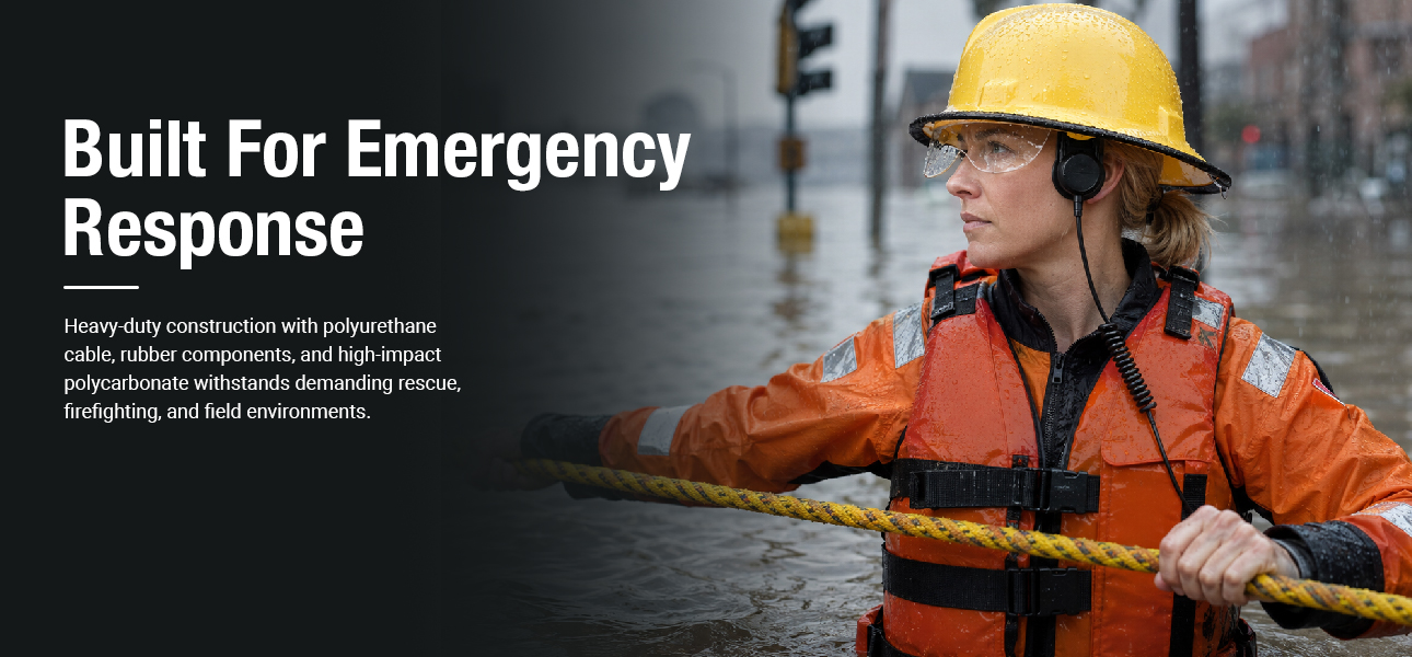 US state emergency response teams rescuing survivors by boat after hurricanes and floods using durable communication equipment in disaster zones.